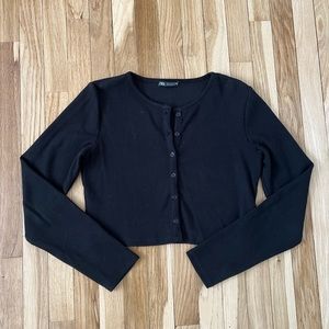 Zara Black Cropped Button Down Long Sleeve Cardi
